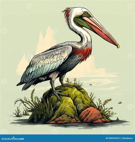 Isolated Pelican on Rock: Traditional Landscape Illustration Stock ...