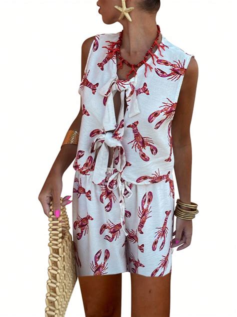 Women Y2k Tie Front Pajama Set Lobster Print V Neck Tank Top 2 Piece ...