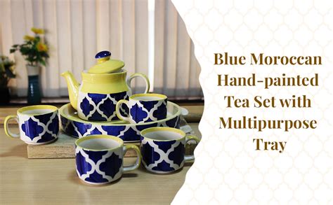 THEARTISANEMPORIUM Blue Moroccan Tea Set with Kettle, Hand Painted ...