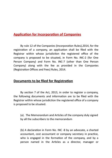 Incorporation of a Company - Application for Incorporation of Companies ...