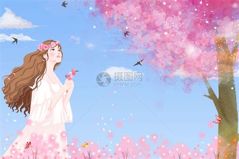 浪漫樱花树下的少女插画图片下载-正版图片400122734-摄图网