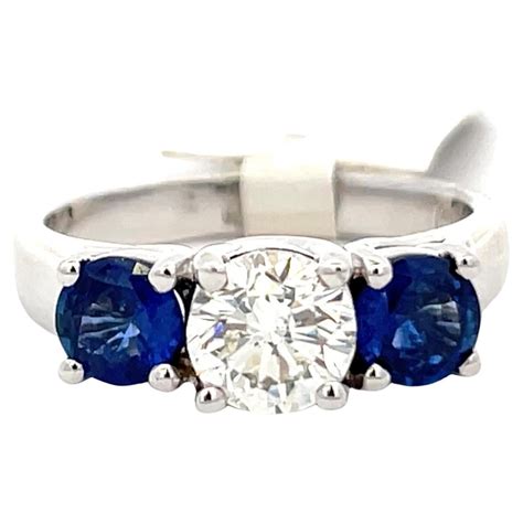 Three Stone Diamond Sapphire Engagement Ring 1.41 Carats 14 Karat White ...