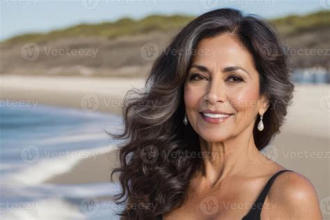 Portrait of a happy fifty-year-old Spanish woman with long hair against ...