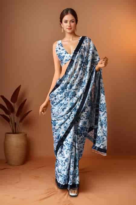 Buy Off White Chiffon V-neck Floral Printed Pre-draped Saree Set For ...