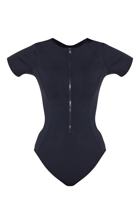 Black Scuba Zip Up Swimsuit | Swimwear | PrettyLittleThing USA