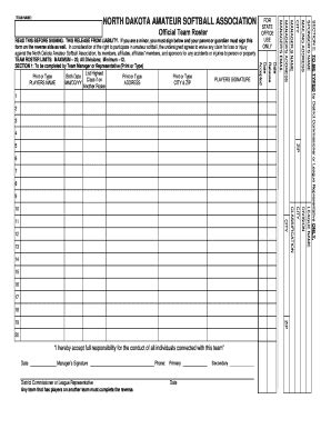 Fillable Online Official roster form - North Dakota Amateur Softball ...