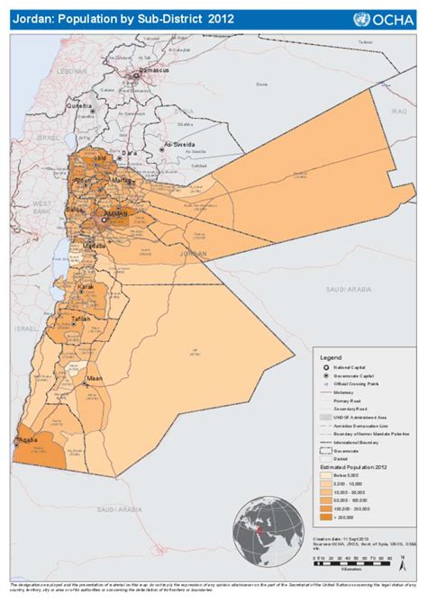 Document - Jordan Population with roads by Sub-District Map