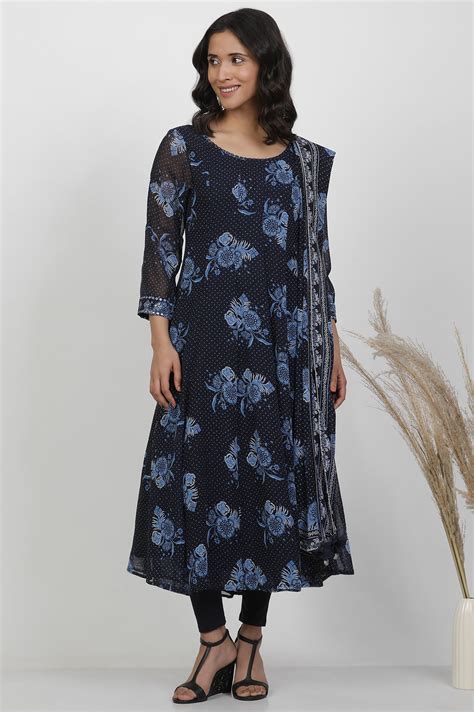 Buy Blue Floral Printed Flared Georgette Kurta, Tights And Dupatta Set ...