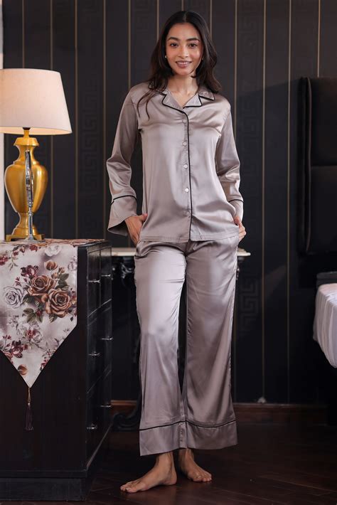 Buy Full Sleeves Platinum Flared Satin Pyjama Set by NapStory