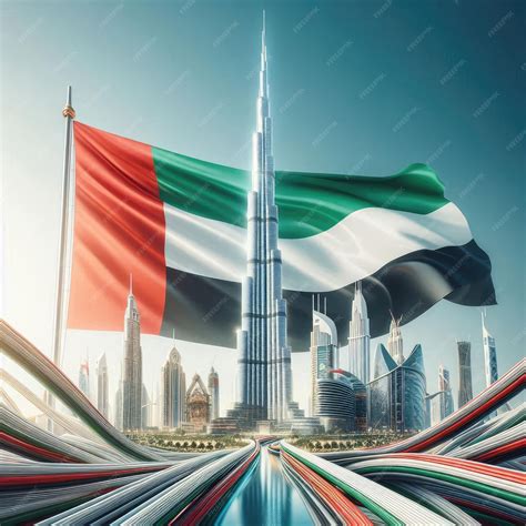Dubai Burj Khalifa futuristic skyscraper surrounded by a modern city skyline with the flag of ...