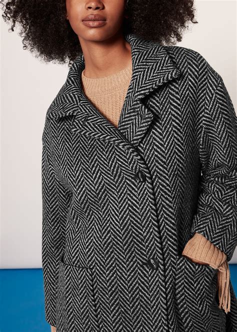 Black/White Herringbone Funnel Neck Coat | WHISTLES | Whistles ROW