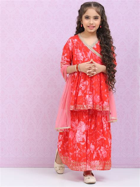 Coral Red Cotton Straight Straight Kurta Palazzo Suit Set