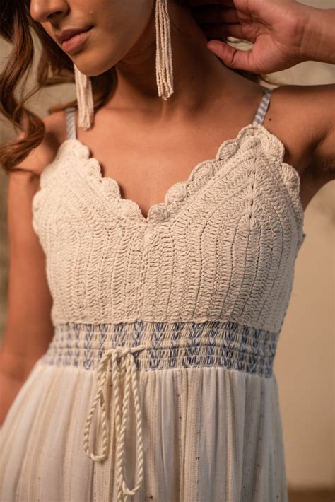 Buy Blue and White Crochet Strappy Dress Embellished with Fringes ...