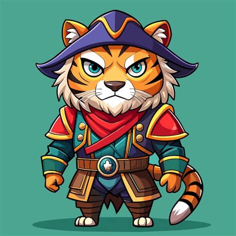 Tiger wearing pirate costume hand drawn flat stylish cartoon sticker ...