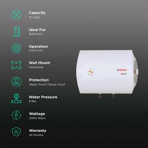 Buy VENUS Celo 15 Litres 5 Star Horizontal Storage Water Geyser with ...