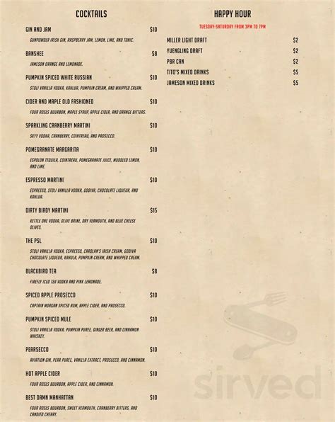Blackbird Pub & Restaurant menu in Cliffside Park, New Jersey, USA