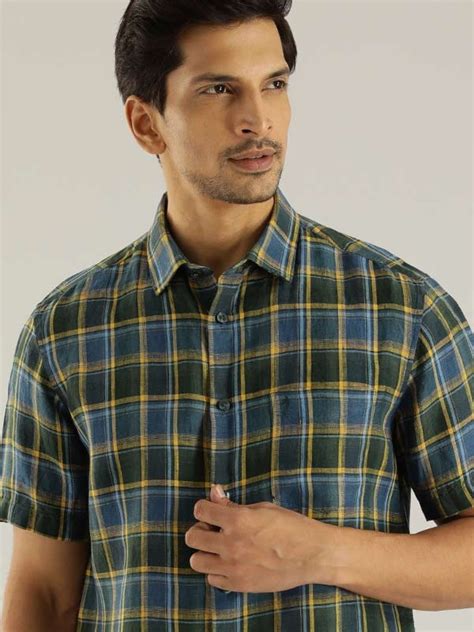 Buy Men Checked Half Sleeve Linen Shirt Online | Indian Terrain