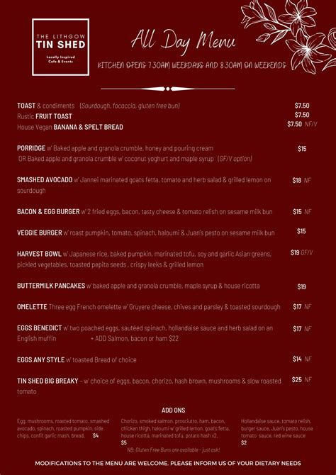 Menu at The Lithgow Tin Shed cafe, Lithgow, 69 Bridge St