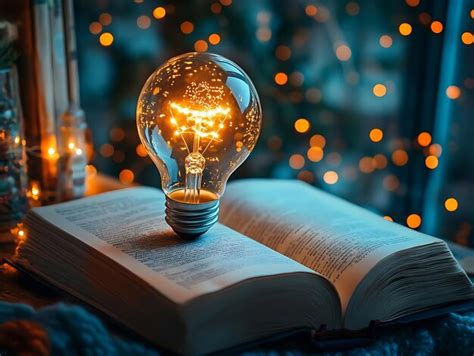 Glowing light bulb photo open book idea knowledge learning | Premium AI ...