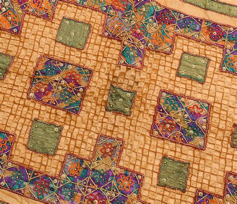 Sushila Vintage Beige Scrap Saree 100% Pure Silk Applique Work Sari Cr