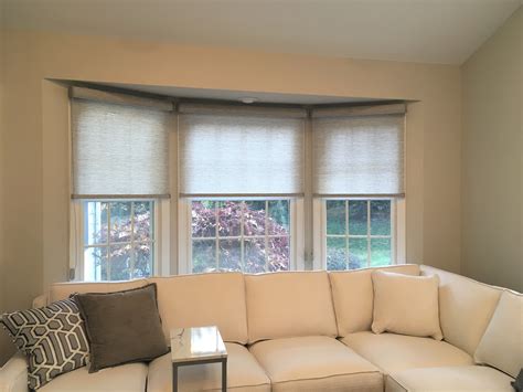Custom Roller Shades with Fabric Covered Headrails for Bay Windows ...