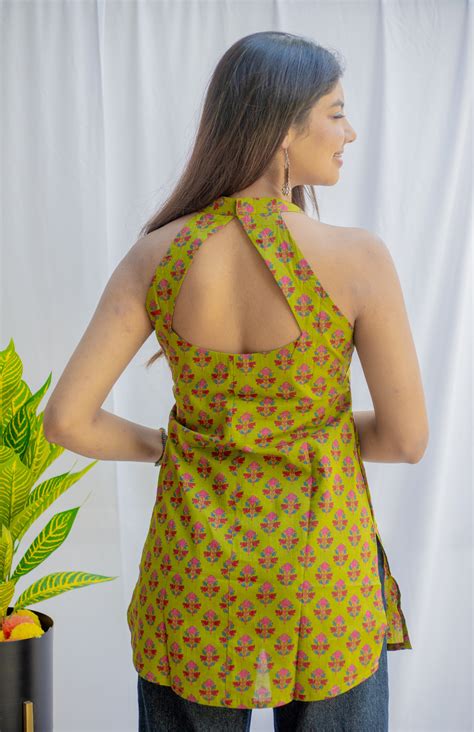 Light Mehendi Ajrakh Print Halter Neck Cotton Short Kurti With Stylish ...