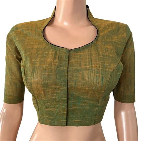 Slub Cotton High neck Blouse ,Green , BH1286 – Scarlet Thread