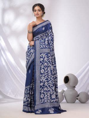 Buy CHARUKRITI Blue Blended Silk Kantha Stitch Handwoven Saree with ...