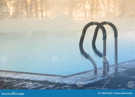 Warm Swimming Pool Hand Rail in Frosty Weather, Outdoor, Soft Focus on ...