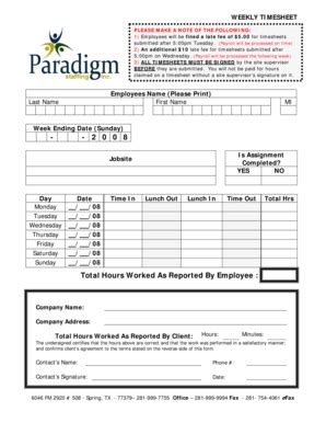 Weekly Timesheet Form - Blank Fillable Template | Fill Out, Print ...