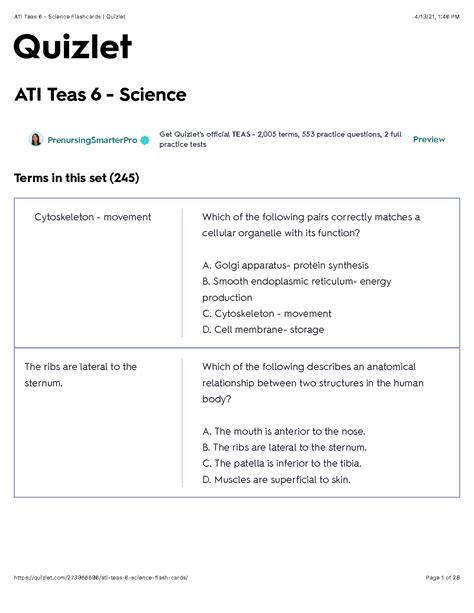 SOLUTION: Ati teas 6 science flashcards quizlet pdf - Studypool
