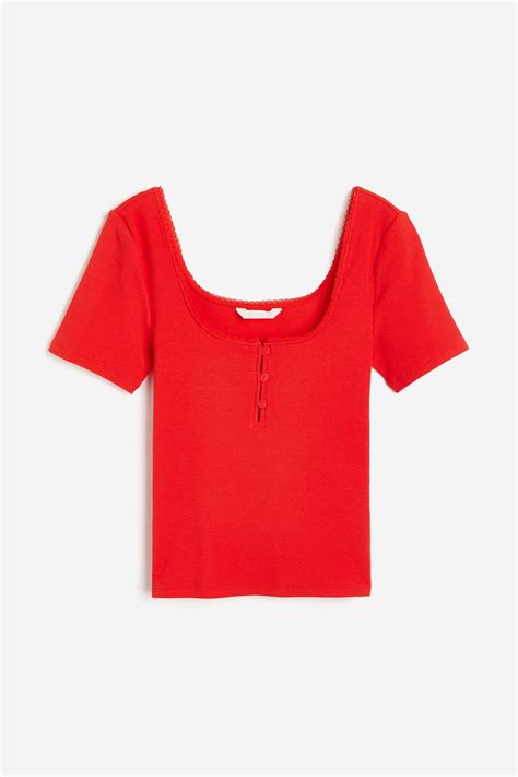 Ribbed jersey top - Bright red - Ladies | H&M IN