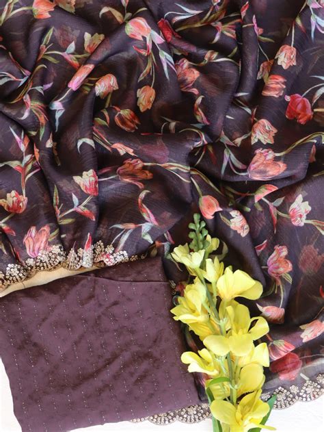 Banarasee Chiffon Floral Print Saree & Hand Work With Scallop Border-B