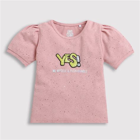 Tiny Girl Round Neck Peach Colored Sequence Design & Foil Sticker