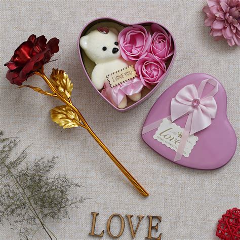Valentine Combo of Golden Red Rose Gift Set, Pink Heart Shaped Gift Bo ...