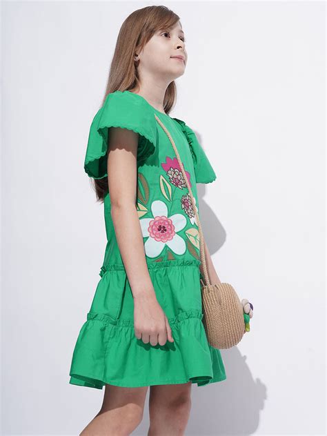 Girls Green Floral Applique Detail Dress