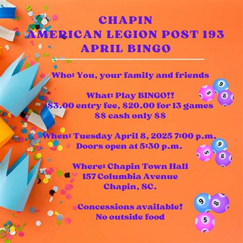 American Legion Post 193 BINGO , Chapin Town Hall, 8 April 2025 | AllEvents