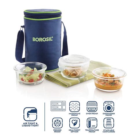 Borosil Borosilicate Glass Lunch Box Set of 3, 240 Safe office Tiffin ...