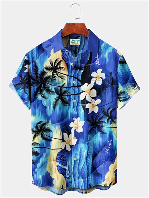 Royaura Beach Vacation Men's Blue Hawaiian Shirts Frangipani Art ...