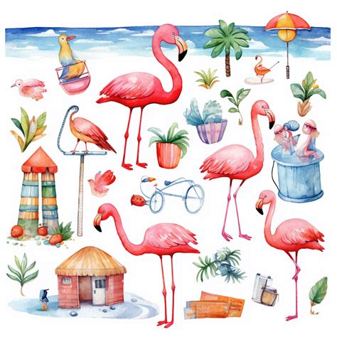 colorful watercolor flamingo collection clipart, in the style of whimsical cartoon-style ...