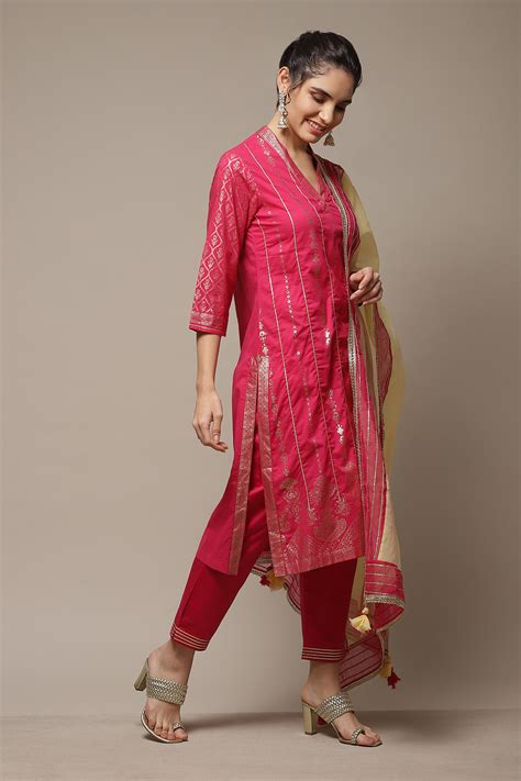 Fuschia Cotton Straight Kurta Pant Suit Set; Combines Kurta, Slim Pant ...