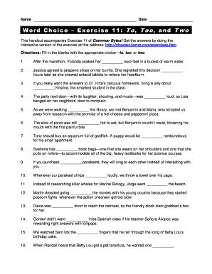 Fillable Online Word Choice Exercise 11: To, Too, and Two Fax Email ...