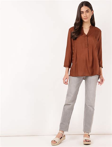 Buy Pure Modal Pleated Mandarin Collar Blouse at Marks & Spencer