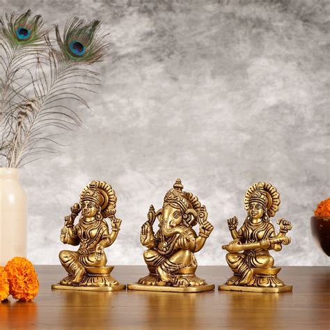 Buy Brass Superfine Ganesha Lakshmi Saraswati Idols Set - 5 Inch ...