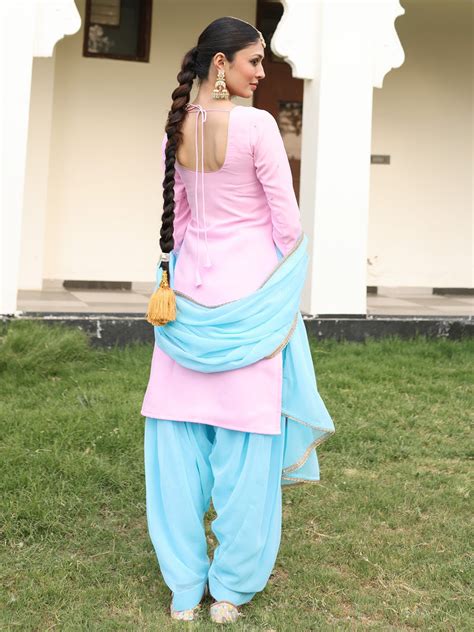 Baby Pink & Blue Contrast Patiala Set