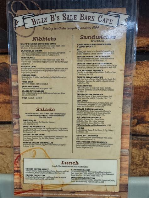 Menu at Billy B's Sale Barn Cafe, Groesbeck, TX-164