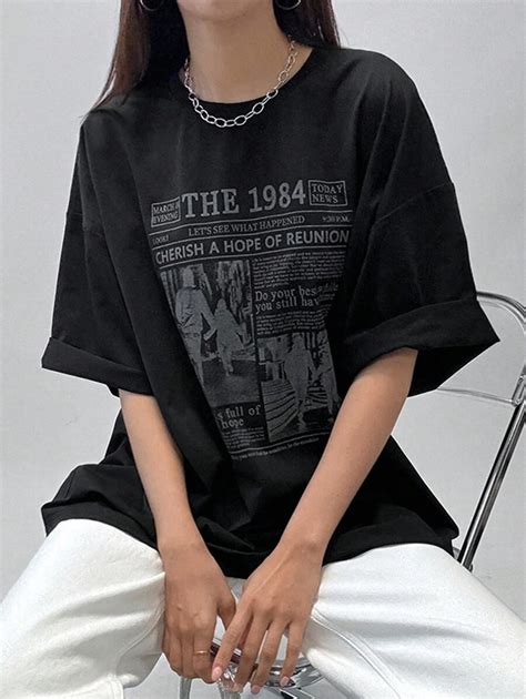 DAZY Women's Character Slogan Printed Drop Shoulder Loose T-Shirt ...