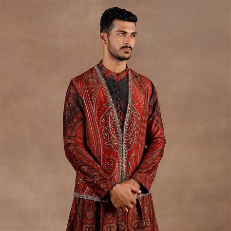 Vintage Red Jamawar Nehru Jacket Set | EAST