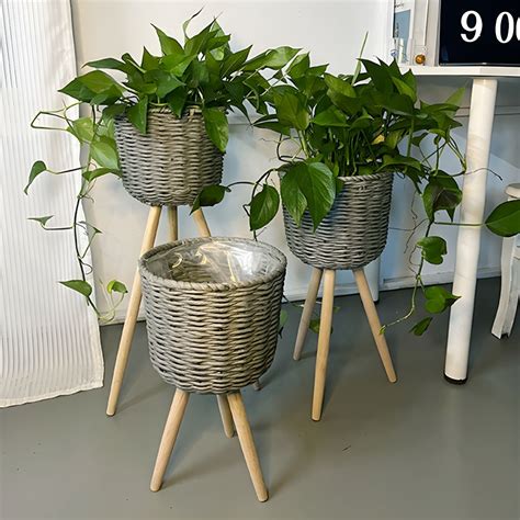 Grey / Brown Round Plant Table Wood Plant Table with 3 Legs - Grey 10"L ...