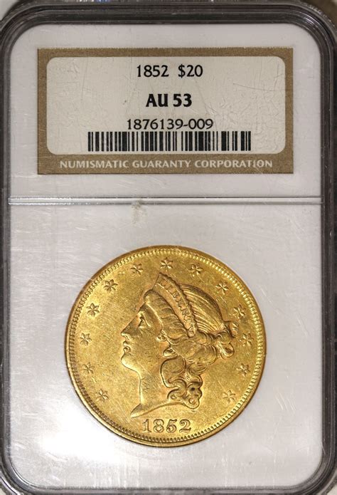 1852 $20 LIBERTY GOLD PIECE NGC AU 53 - Bellisario Rare Coin Gallery ...